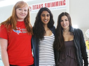 Renee Gagnon, left, Anisha Bhattacharyya and Brittany Pask are graduating from the North Bay Titans to swim for three different Ontario universities this fall. DAVE DALE/THE NUGGET