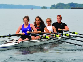Brockville Rowing Club's senior women's quad practices on the St. Lawrence River near Blockhouse Island early Thursday morning. Pictured front to back are Addie Barr, Victoria Everett, Zana Everett and Mollie McCabe. (STEVE PETTIBONE The Recorder and Times)