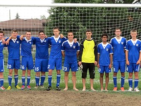 The Timmins Under-18 Blizzards were bounced in the semifinal following a 1-0 loss to the North Bay Select, the eventual winners of the Greater Sudbury Soccer Club Tournament. The Blizzards are pictured, from left: assistant coach and manager Marc Rodrigue, Raphael Deschamps, Joel Rodrigue, Jessie Bisson, Adam Kvas, Dominic Laroche, Taylor Salomone, Daven Gignac, Donovan Gignac, Sam Delage, Damen Patel, Matt Duval, Adam Chenier, Evan Gillies and head coach Rick Kvas.