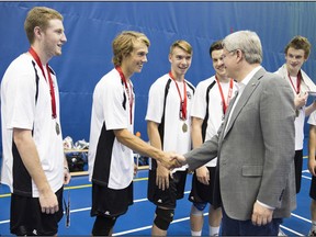 GPRC Wolves Men’s volleyball setter Troy Wiebe had the chance to meet Prime Minister Stephen Harper last week after capturing gold at The National Team Challenge Cup in Gatineau, Que. (Photo courtesy Office of the Prime Minister)