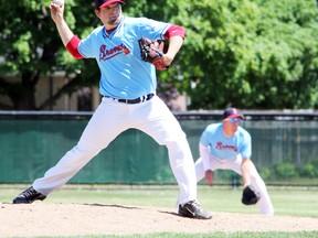 Sarnia Braves pitcher Nick Baljeu winds up on the mound in this photo from a game earlier this season. The Braves' ace will be starting the team's opening game at the Ontario Eliminations tournament this weekend, as Sarnia aims to capture an elusive win in the tournament. (CATHY DOBSON, The Observer)