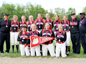 The Brantford Bobcats captured the PWSA U16 title and are heading to the national championships in P.E.I. The team includes: coach Nick Pollice (back, left), Courtney Gilbert, Sydney Taylor, Quinn Devoe, Sam Rossi, Kacie Harrison, Chelsea D'Avilar, Logan Blake, coach Erin Forman, coach Roger Davis, Abbey Hill (front, left), Taylor Robblee, Charley Keracher and Hattie Osborne. (Submitted Photo)