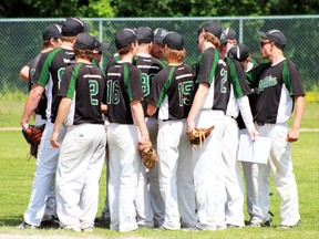 The Tavistock Athletics huddle during a break in the game at the Ontario Amateur Softball Association's Elimination Tournament June 28 to 30 in Napanee, Ont. The Athletics won silver at OASA Provincial Championship last weekend and will be the first Tavistock fastball team to play at the 2013 under-18 Men's Canadian Championships Aug. 5 to 11 in St-Leonard-d'Aston, Que. Aug. 5 to 11. (Submitted photo)