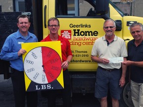 The Caring Cupboard Food Bank of St. Thomas recently received a large food and monetary donation from the St. Thomas & Elgin Home Builders' Association, Libro Financial Group and Geerlinks Home Hardware. Pictured with the cheque are, from left - Jesse Brown of Libro, Adam McLeod of Home Hardware, food bank manager Brian Burley, and Ron White of the home builders' association.