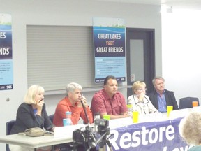 Pictured from left to right, water levels expert, Mary Muter, Brockton councillor Chris Peabody, Saugeen First Nation's chief Randall Kahgee,  author, activist and national chair person of the Council of Canadians, Maude Barlow and Sarnia mayor Mike Bradley. All were members of a panel who were invited to speak at Great Lakes Need Great Friends- the latest information meeting organized by Save Our Saugeen Shores (SOS) at The Plex in Port Elgin Thursday night (August 1, 2013).