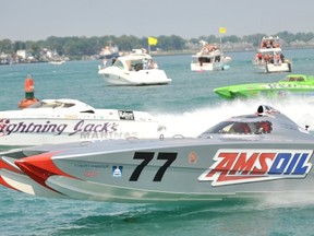 Class one boats, which can reach 115 miles per hour, take a practice lap before racing at the inaugural International Offshore Powerboat Races on Sarnia's waterfront. Thousands are expected to attend the third annual event, running Aug. 9 to 11. OBSERVER FILE PHOTO