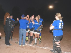 Dutton girls who won the Ontario Rural Softball Association midget championship this week celebrate after a 9-0 win over Fisherville in Dutton.