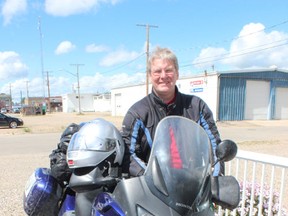 Peter Laser stopped at the Melfort Rotary Club meeting on Tuesday, Juky 30 on his way home on a fundraising motorcycle tour.