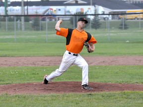 Orioles’ ace Marc-Andre Lavoie delivers a pitch late in the game against the Expos on Thursday, on route to a no-hit, complete game shutout. The Timmins Men's Baseball League playoffs is scheduled to start on Aug. 11, with the Whiskey Jacks taking on the Expos and the Orioles versus the Red Sox.