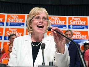 NDP candidate Peggy Sattler speaks to supporters after winning London West byelection on Thursday.