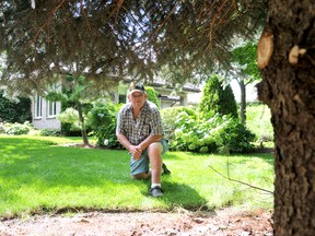 Gary Cumming, is upset that a swath of spruce tree sitting in the backyard of his Paxton Drive property has been hacked away workers there to clean out a nearby municipal drain. Diana Martin/Chatham Daily News/QMI Agency