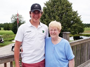 Ryan Mantha, left, the son of Bob Mantha with grandmother Kay earlier this month at Laurentide Golf Course in Sturgeon Falls, is off to the 2013 Memorial of Ivan Hlinka under-18 men's hockey tournament in the Czech Republic and Slovakia. The six-foot-five defender, who was born in North Bay and spends his summers in Sturgeon Falls, was named to the U.S. select team. JORDAN ERCIT/The Nugget