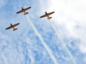 Three Harvard trainer aircraft, the planes used during the Second World War to train pilots, flew over Vulcan in the lead up to the Town's centennial parade on Saturday. The Harvards were brought in to pay tribute to Vulcan’s involvement in the British Commonwealth Air Training Plan. In 1941, a contract had been awarded for the construction of a flying school just southwest of Vulcan. The structures and hangars of the base remain mostly intact today.