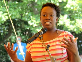 Natasha Henry, author, teacher and educational curriculum consultant, discusses the history of Emancipation Day celebrations in Canada during an event at Uncle Tom's Cabin Historic Site on Saturday in Dresden. She also plans to work with the historic site to help teach area educators about incorporating black history into the curriculum. ELLWOOD SHREVE/Chatham Daily News