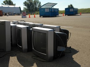 Television sets and microwaves are some of the electronics that were sitting at Eco Centre on Friday morning. They are just some of the electronic the centre accepts are part of their e-waste program put in place by Aquatera. The company’s recycling manager recently visited a waste management summit in San Francisco California to promote Grande Prairie electronic recycling program and pick up ideas and tips on how to improve upon it. (Jocelyn Turner/Daily Herald-Tribune)