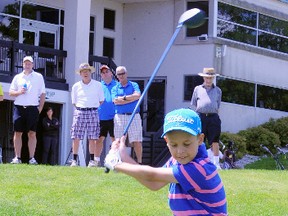 Sihler Baldock, 10, of Simcoe, had the honour of driving the first ball at the 10th annual George Baldock Memorial Golf Tournament on Saturday. George J.D. Baldock was Sihler’s father, who died at age 30 nine years ago.(MONTE SONNENBERG Simcoe Reformer)