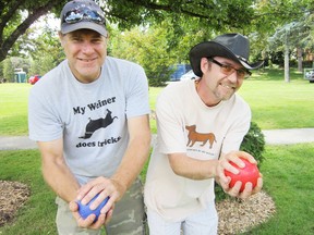 MONTE SONNENBERG Simcoe Reformer
Brian Johnston of Port Dover, left, and Todd Nunn of Simcoe repeated as champions Saturday at the Simcoe Rotary Friendship Festival bocce tournament in Wellington Park. (MONTE SONNENBERG Simcoe Reformer)