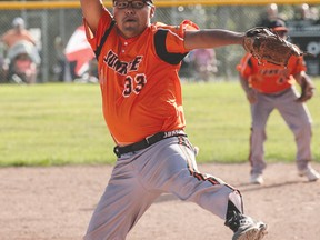 Marty Soto of the Sturgeon Lake Sunrise winds up and pitiches the ball during the semifinals of the Canadian Native Fastball Championships at South Bear Creek Sunday. The Sturgeon Lake team placed third in the men’s division. (Randy Vanderveen/Special to the Daily Herald-Tribune)