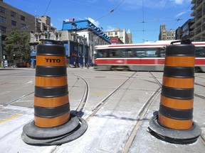 This intersection at King St. W and Spadina Ave., will be shut down until Aug. 20 for streetcar track work and road improvements. (JACK BOLAND, Toronto Sun)