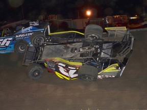 Laurent Ladouceur's car was one of three that flipped to bring out the red flag on Sunday, in the 100-lap Canadian Nationals for the Modified Division. 
Rick Young photo