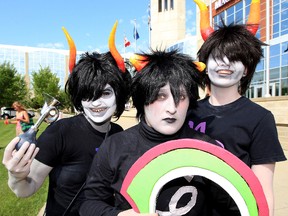 (left to right) Dressed as trolls from the online comic Homestuck, Shay Badry, Leah Timmermans, and Erin Feakes poses for a photo while taking part in the 19th annual Animethon at Grant MacEwan University's downtown campus, Friday Aug. 10, 2012. DAVID BLOOM/ QMI AGENCY