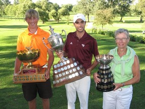 Mat Rochon (centre) fired a three-day 216, to win the annual championship tournament at the Cornwall Golf and Country Club. Reed Payette (left) was second overall, firing a 226 to take the junior division title. Lynn Macdonell was the ladies champ, carding a three-day 268.
TODD HAMBLETON staff photo
