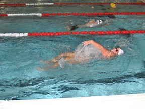 Haley Stark works on her backstroke during a Blue Dolphin practice on Wednesday, July 31. Stark and the rest of the Blue Dolphin swim team are preparing for the provincial qualifier swim meet in Edmonton on Aug. 10.
Barry Kerton | Whitecourt Star