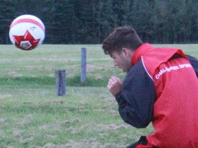 Nevin Deane, 9, prepares to headbutt a ball back to instructor Darryl Foley from Scotland, U.K. The British soccer camp returns to Whitecourt in August for it’s fourth year.
File photo | Whitecourt Star