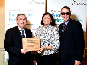 Pictured left: Jim Bradley, Minister of the Environment with Pamela Scharfe, board chair and Geoff Peach, Coastal Resources manager, Lake Huron Centre for Coastal Conservation.