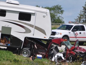 One man was killed and two others injured in this crash near Portage la Prairie on Tuesday. (CLARISE KLASSEN/PORTAGE DAILY GRAPHIC/QMI AGENCY)
