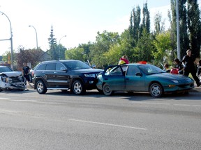 A six-vehicle collision on 68 Avenue and 92 Street resulted in substantial damage to an SUV on Tuesday, Aug. 6, 2013. At this time, the cause of the collision is unknown. CARYN CEOLIN/DAILY HERALD TRIBUNE/QMI AGENCYAGENCY