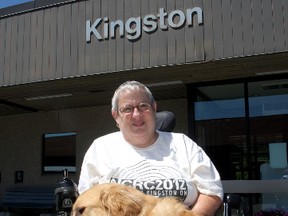 Louise Bark with her service dog Bruce at the Kingston Via Rail train station on Tuesday.
Ian MacAlpine The Whig-Standard