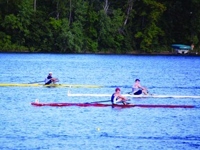 Tim Wehner, in the red boat and hat, races towards the final buoy during the Master’s men’s singles at the North West International Rowing Association championships on August 2-3. Wehner, who trains with the Kenora Rowing Club, won the event for the first time ever. 
PROVIDED PHOTO