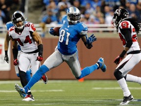 Detroit Lions wide receiver Calvin Johnson carries the ball between Atlanta Falcons safety Chris Hope (left) and cornerback Dunta Robinson during NFL action in Detroit, December 22, 2012. (REUTERS/Rebecca Cook)