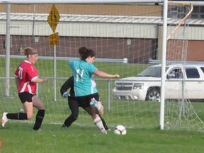 Montanna Marchiori, No. 11, pf Tisdale Plumbing/Poly Fusion winds up to kick the ball in what would be the lone goal of their playoff game to defeat the Red Hot Tamales in Timmins women’s soccer action Wednesday night.