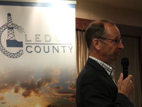 County mayor John Whaley answers questions about the proposed Edmonton annexation of Leduc County at a lunch hosted by the Leduc Regional Chamber of Commerce on July 31. See page 2 for story. ALEX ROBINSON/REP STAFF