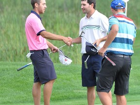 The 2013 Caisse Populaire Northern Ontario Amateur Golf Championship will start-up Saturday with a qualifying round. The tournament has drawn out some of the best golfers from across the Northern Ontario region since the 1920s. Last year’s winner, Kevin Philipow, centre, shakes hands with second-place finisher Jordan Bilodeau on No. 18 following the championship round.