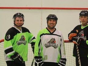 From left, Corey Mitchell, Gary Frenette and Chris Nolan will be playing with the Calgary Pitbulls next week at Canadian Ball Hockey Nationals. The tournament runs from Aug. 12 to 17 in Montreal.