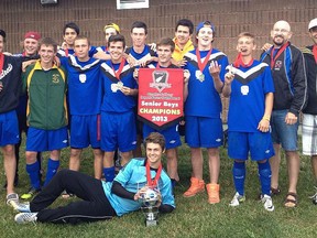 The North Bay Selects U17 Jets won the 2013 Greater Sudbury Impact Soccer tournament recently. Team members include goalie Darian Hemsworth in front, middle row, from left: James Brunke, Jacob Dubeau, Marc Andre Goulet, Mitchell Martyn, Evan Laporte, Tye Bailey, Nick Peters, and coaches Thomas Brotherston and Vicente Benitez. Back row: Scott Johnson, Vicente Benitez Jr., Adam Gagnon, Josh Herst-Farelli and David Elford. Not present for the photo was Nolan Desjardins. THE NUGGET