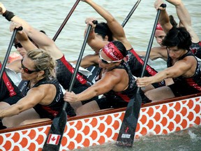 Chatham-Kent native Charlotte Blonde, middle front, is a member of the Canadian Senior 'A' Women's National Team, which recently won four gold medals while competing at the International Dragon Boat Federation 11th World Championships, held recently in Hungary. CONTRIBUTED/ THE CHATHAM DAILY NEWS/ QMI AGENCY