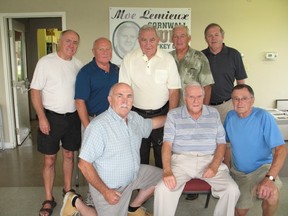 Cornwall Hubs men's oldtimers hockey team organizer Moe Lemieux (front row, centre) is stepping aside, and about 100 players and friends paid tribute to him at a social gathering at the RCAFA Wing 424 building. Long-time teammates and friends include (in front row, at left) Jack Haines and Gary Pearson, and (in back, from left) Rod Bennett, Gerry Desjardins, Roy Jodoin, Pete Champagne and Bill McNally.
Todd Hambleton staff photo