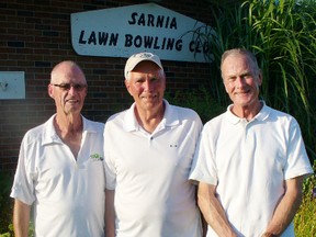 District 2 lawn bowlers Dave Moffitt, Ed Braithwaite and Bob Machan came away with silver at the Ontario Seniors Championships at the Sarnia Lawn Bowling Club this week. The Sarnia trio were among 32 teams representing 16 districts. SUBMITTED PHOTO