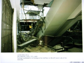 This photo, taken in June of last year by OPP Constable Dale Burns, shows some of the damage to the second floor near the escalator in the Algo Centre Mall. The photo was one of several displayed at the Elliot Lake Inquiry on Friday.
Photo by DAVID BRIGGS/FOR THE STANDARD