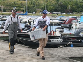 Jeff Gustafson and Chris Savage head for the weigh-in Friday with a four fish total of 16.63 lbs to retain their first place lead going into the final day of the 26th Annual Kenora Bass International, Saturday, Aug. 10.
