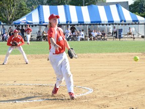 Bill Walker/QMI Agency
Napanee Express pitcher Cole Bolton releases the ball on a pitch during the first inning of a double-life game on Friday at the 2013 Canadian Junior Men's Under-21 Fastball Championships in Owen Sound. Bolton was named the round-robin MVP on Friday.