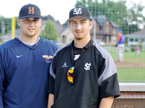 Pitchers Tyler Cogghe, left, of Chatham and Matt Liberty of Dresden are headed to AIB College of Business in Des Moines, Iowa. (MARK MALONE/The Daily News)