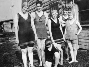 A group of local swimmers model their bathing suits fashioned on the  “racy” Annette Kellerman suit, Mattagami Heights, in the early 1920s.