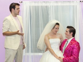 The Wedding Singer plays at the Imperial Theatre Aug. 15 – 17, starring (from left) Brent Wilkinson as Glen, Tara Norman as Julia and Devan Wales as Robbie. The show is being staged by DIVERSION  Entertainment of Sarnia and is based on the romantic comedy movie released in 1998 starring Adam Sandler and Drew Barrymore. SUBMITTED PHOTO