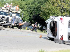 A vehicle was traveling southbound along Michener Road near Goldpark Road when for unknown reasons, the driver lost control, causing the car to collide with a hydro pole, a hydro transformer, and then a parked vehicle. A passenger sustained life-threatening injuries and was airlifted to London Health Sciences Centre. The other occupants, including a 21-year-old driver, suffered non-life threatening injuries. KIRK DICKINSON/FOR CHATHAM DAILY NEWS/ QMI AGENCY