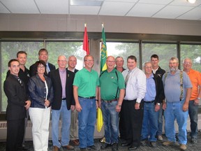 (From left) Town of Nipawin Councillors Niclas Palidwar, Lewis Robin, Kathy Palidwar, Terry Farden, Nipawin Mayor David Trann, Nipawin Councillor Mike Botterill, Honourable Brad Wall Premier of Saskatchewan, MLA Carrot River Valley Constituency Fred Bradshaw, and from Rural Municipality of Nipawin No. 487 Councillor Ken Schreiner Div. #2, Reeve Mark Knox, and Councillors Walter Ens Div. #4, Brandon Perkins Div. #1, Dale Neufeld Div. #3 and Joe Woodward Div. #6.